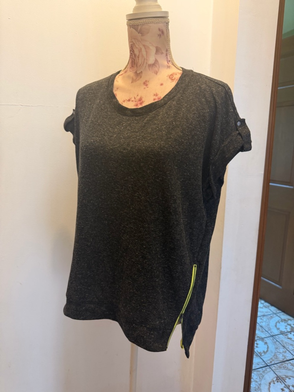 Chloe K Charcoal Gray Short Sleeve Top with Neon Yellow Zip Accent